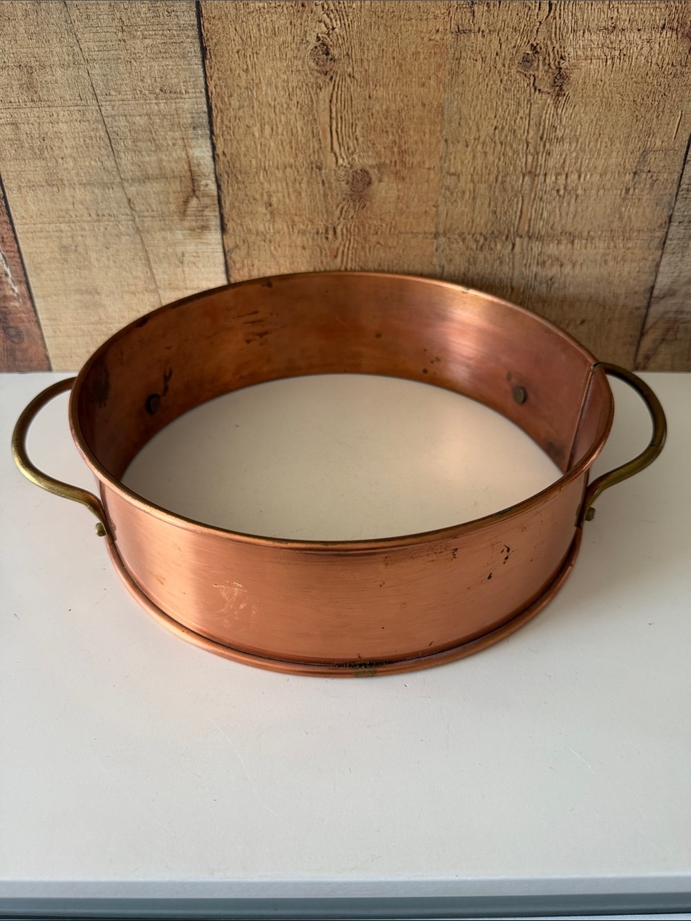 Vintage Copper Round 9.5” Casserole Dish Sleeve w/ Brass Handles